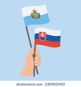 Flags of San Marino and Slovakia, Hand Holding flags