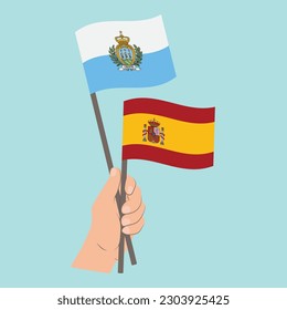 Flags of San Marino and Spain, Hand Holding flags