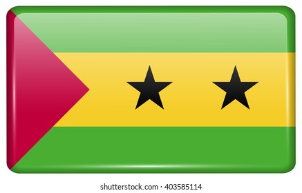 Flags of Sao Tome and Principe in the form of a magnet on refrigerator with reflections light. Vector illustration