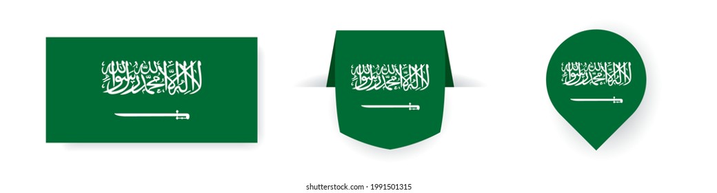 Flaggen Saudi-Arabiens. Label, Punktesymbol und einfache Flagge. Vektorgrafik