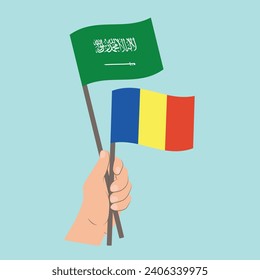 Banderas de Arabia Saudita y Rumania, portando banderas
