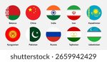 Flags of SCO (Shanghai Cooperation Organisation) member countries in flat round shapes, including China, Russia, India, Iran, Belarus, Pakistan, Kazakhstan, and others. Vector illustration.