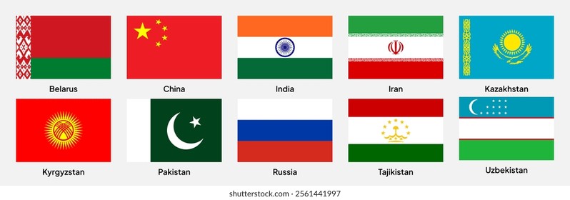 Flags of SCO (Shanghai Cooperation Organisation) member countries in rectangular shapes (3:2 ratio). Vector illustration.