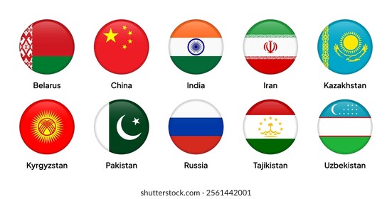 Flags of SCO (Shanghai Cooperation Organisation) member countries in round shapes, including China, Russia, India, Iran, Belarus, Pakistan, Kazakhstan, Uzbekistan, and others. Vector illustration.