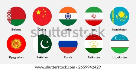 Flags of SCO (Shanghai Cooperation Organisation) member countries in flat round shapes, including China, Russia, India, Iran, Belarus, Pakistan, Kazakhstan, and others. Vector illustration.