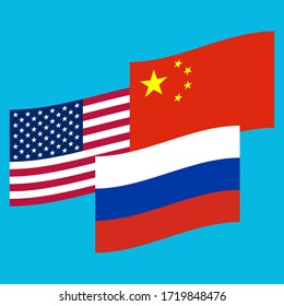 Flags Set: China, Russia, USA Vector Illustration. America Flag Flying Isolated