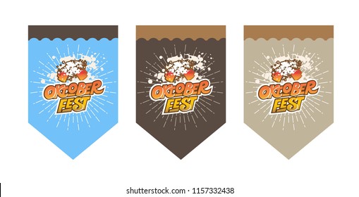 Flags Set for a festive garland for the Oktoberfest beer festival with Oktoberfest emblem, sign, logotype. Oktoberfest emblem with beer mugs. Vector illustration