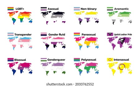 Flags set. Sexual identity. Pride flag, LGBTQ+ symbols, gender gay, transgender, bisexual, lesbian and others. Vector illustration.