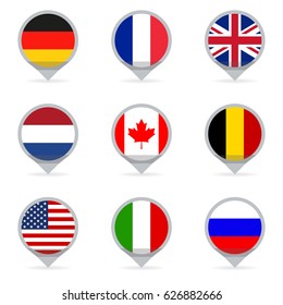 Flags set in shape of map pointers or markers.  Flags of the different countries of the world: USA, UK, Holland, Germany, Italy, Canada, France, Russia and Belgium. Vector illustration.