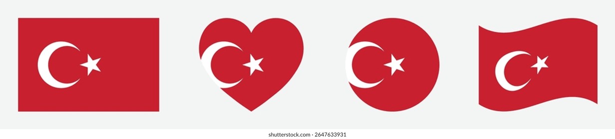Türkiye flags set in square, heart, circle and waving formats designs element. Türkiye flags collection. Set of Türkiye flags icons isolated on white background. Vector illustration.