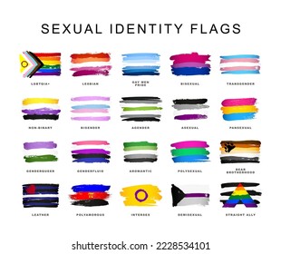 Flags of sexual identification. A set of colorful logos of LGBT pride flags. LGBT symbols. Vector illustration on a white background.