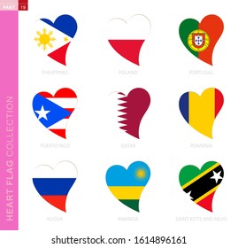 Сollection of flags in the shape of a heart. 9 heart icon with flag of country Philippines, Poland, Portugal, Puerto Rico, Qatar, Romania, Russia, Rwanda, Saint Kitts and Nevis