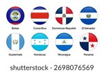 Flags of SICA (Central American Integration System) member countries in round shapes, including Guatemala, El Salvador, Honduras, Nicaragua, Costa Rica, Panama, and others. Vector illustration.
