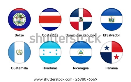 Flags of SICA (Central American Integration System) member countries in round shapes, including Guatemala, El Salvador, Honduras, Nicaragua, Costa Rica, Panama, and others. Vector illustration.