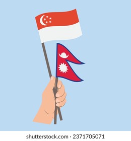 Flags of Singapore and Nepal, Hand Holding flags