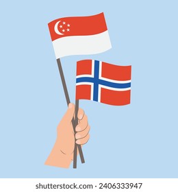 Flags of Singapore and Norway, Hand Holding flags