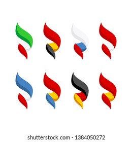 Flags of some Europe countries set. Bright style 3D like elegant flame shaped flags. Italy, France, Germany, Spain and others.