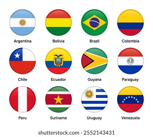 Flags of South American countries in round shapes, including Brazil, Argentina, Colombia, Chile, Peru, Venezuela, Ecuador, Bolivia, Paraguay, Uruguay, Guyana, and Suriname. Vector illustration.