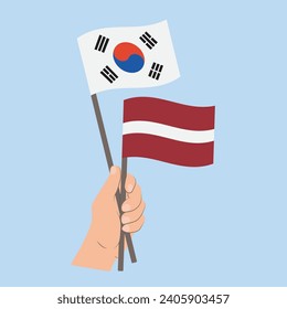 Flags of South Korea and Latvia, Hand Holding flags