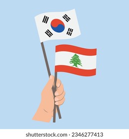 Flags of South Korea and Lebanon, Hand Holding flags