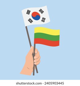 Flags of South Korea and Lithuania, Hand Holding flags