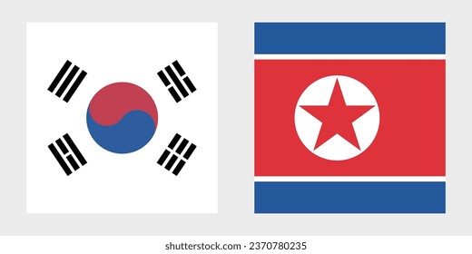 The flags of South Korea and North Korea. Flag icon. Standard color. A square flag. Computer illustration. Digital illustration. Vector illustration.