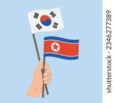 Flags of South Korea and North Korea, Hand Holding flags