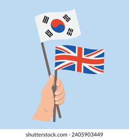 Flags of South Korea and UK, Hand Holding flags