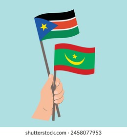 Flags of South Sudan and Mauritania, Hand Holding flags