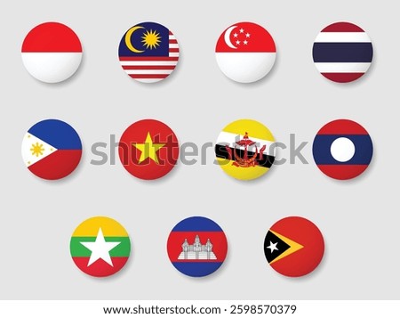Flags of southeast asia continent countries in round shape. Indonesia, Malaysia, Singapore, Thailand, Philippines, Vietnam, Brunei Darussalam, Laos, Myanmar, Cambodia, East Timor.