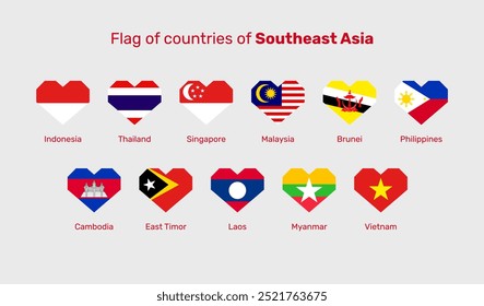 Flags of Southeast Asian countries in heart love shapes, including those of Indonesia, Malaysia, Thailand, Singapore, Vietnam, the Philippines, Cambodia, Brunei, Laos, Myanmar, and East Timor.
