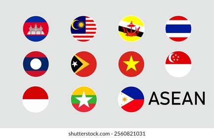 Flags of Southeast Asian countries in round shapes. Laos, Vietnam, Singapore, Philippines, Myanmar, Indonesia, Malaysia, East Timor, Brunei, Cambodia, Thailand.