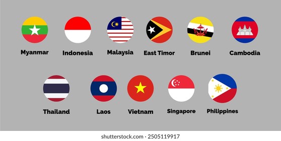 Flags of Southeast Asian countries, Vector Illustration. Myanmar, Indonesia, Malaysia, East Timor, Brunei, Cambodia, Thailand, Laos, Vietnam, Singapore, Philippines