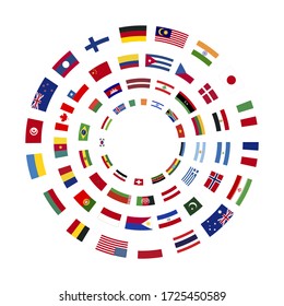 A lot of flags of sovereign states arranged in four circles isolated on a white background