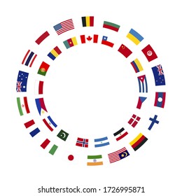 A lot of flags of sovereign states arranged in two circles isolated on a white background