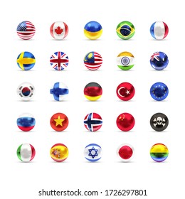 Flags of sovereign states projected as a glossy spheres isolated on a white background