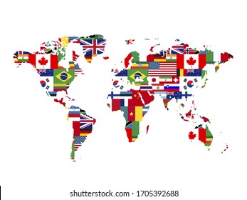 A lot of flags of sovereign states in world map shape isolated on a white background