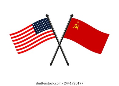 Flags of Soviet Union and Usa crossed on the sticks in the original colours