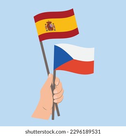 Flags of Spain and Czech Republic, Hand Holding flags