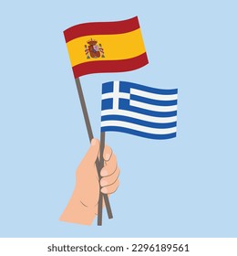 Flags of Spain and Greece, Hand Holding flags