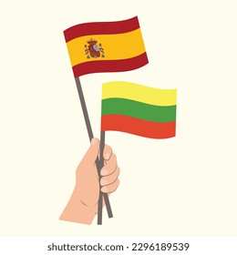 Flags of Spain and Lithuania, Hand Holding flags