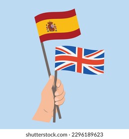 Banderas de España y Reino Unido, banderas de mano con banderas