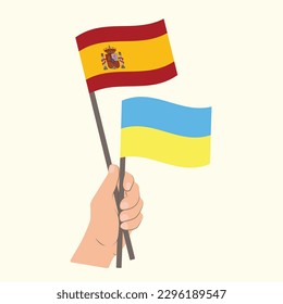 Flags of Spain and Ukraine, Hand Holding flags