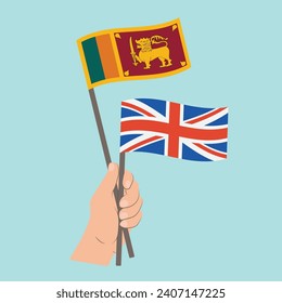 Flags of Sri Lanka and UK, Hand Holding flags