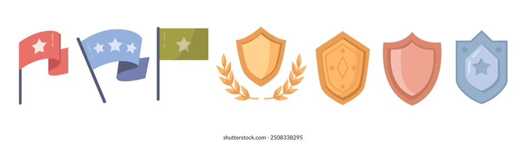 Flags with stars, finish or victory. Vector isolated set of awards shields with copy space. Badge for game level achievement, completing of challenge or competition. Gold, silver and bronze