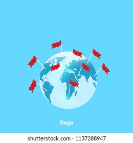 flags sticking out in different directions on the globe, isometric image
