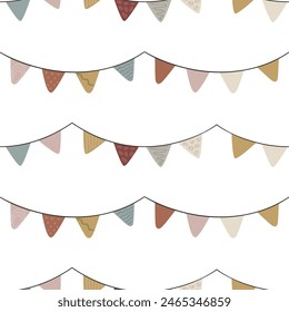 Flags, streamer with flags, boho concept. Seamless pattern for print. Vector illustration in flat modern style.