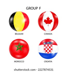 Flags in the style of footballs.The group of the football tournament in Qatar.Belgium, Canada, Morocco, Croatia.