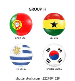 Flags in the style of footballs.The group of the football tournament in Qatar.Portugal, Ghana, Uruguay, Korea.