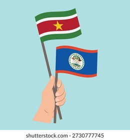 Banderas Surinam y Belice, Mano sosteniendo banderas